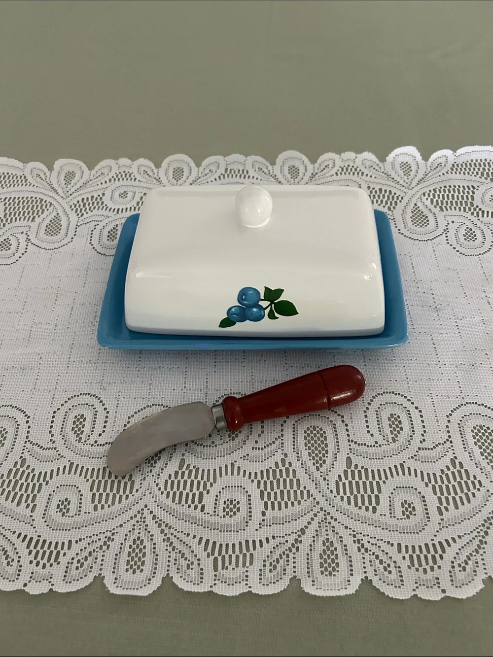 Blueberry Motif Ceramic Butter Dish with Blue Base 8x5 in few call outs - Picture 9 of 11